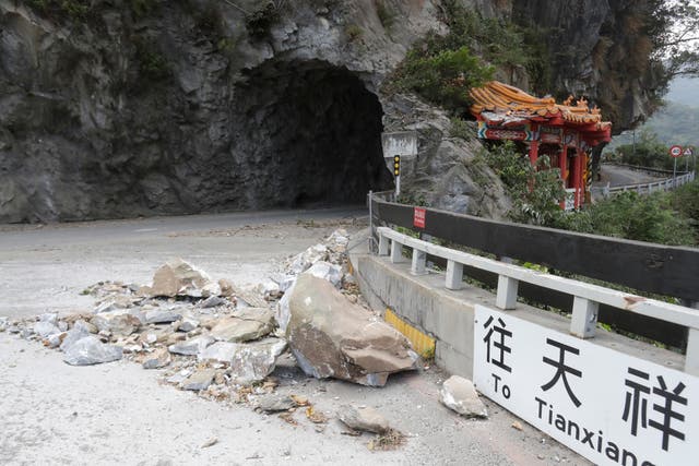 Rocks on the road at the entrance of Taroko National Park in Hualien County, eastern Taiwan 