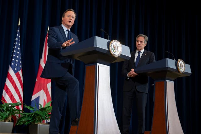 Foreign Secretary Lord David Cameron speaks during a meeting with US secretary of state Antony Blinken at the State Department in Washington