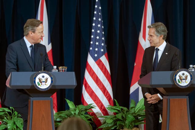 US secretary of state Antony Blinken right, with Foreign Secretary Lord David Cameron at the State Department in Washington