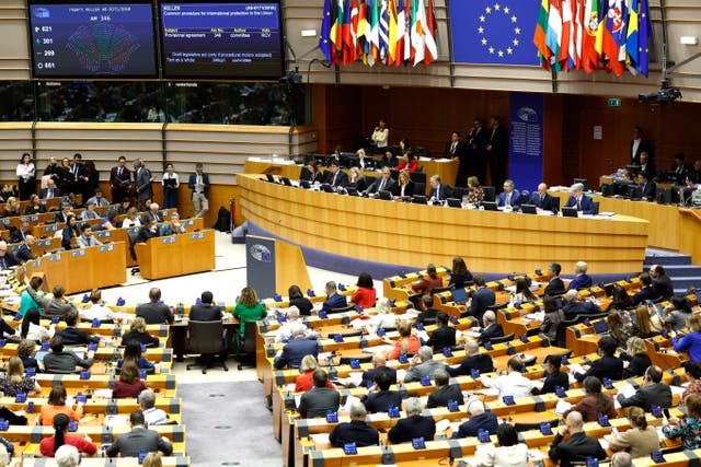European Parliament president Roberta Metsola, centre right, chairs as Members of the European Parliament participate in a series of votes during a plenary session at the European Parliament in Brussels 