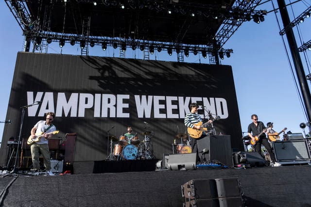 Colin Killalea, left, Chris Tomson, Ezra Koenig, and Chris Baio of Vampire Weekend perform during the first weekend of the Coachella Valley Music and Arts Festival at the Empire Polo Club in Indio, California