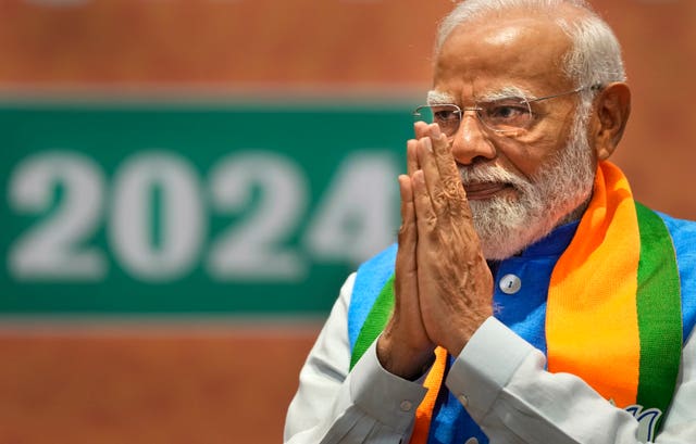 Indian Prime Minister Narendra Modi during the unveiling of his Hindu nationalist Bharatiya Janata party’s election manifesto in New Delhi, India 