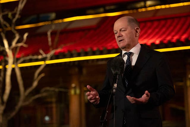 German Chancellor Olaf Scholz speaks during a press conference in Beijing, China