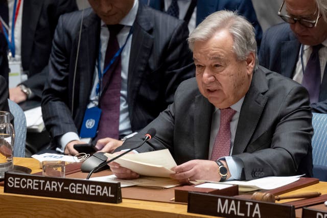 UN secretary general Antonio Guterres speaks during a Security Council meeting 