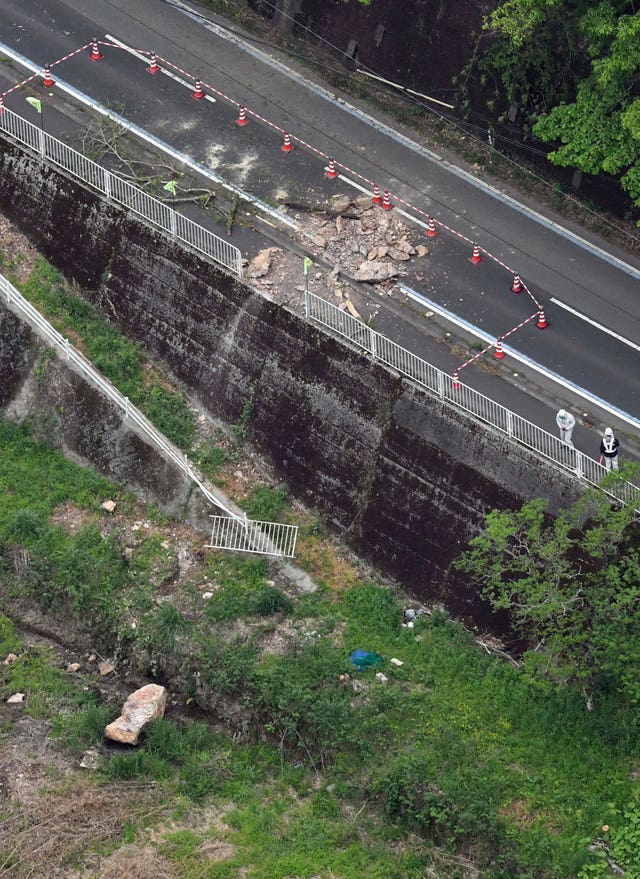 The site of a rock fall following an earthquake in Ohzu, Ehime prefecture, western Japan