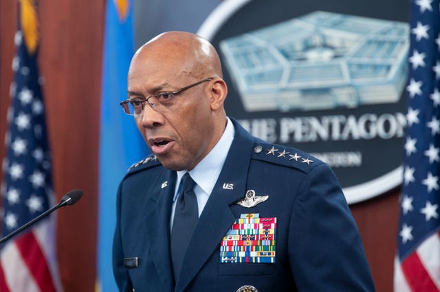 Chairman of the Joint Chiefs of Staff General CQ Brown Jr speaks during a press briefing at the Pentagon in Washington