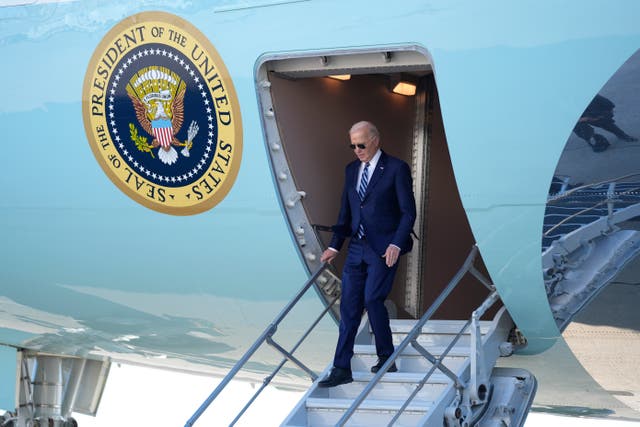 President Joe Biden arrives on Air Force One at John F Kennedy International Airport in New York