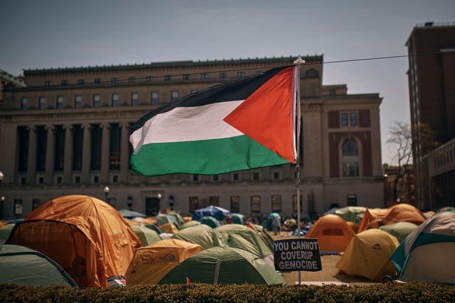 A Palestinian flag at the encampment at Columbia University