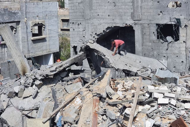Buildings destroyed in an Israeli air strike on Rafah