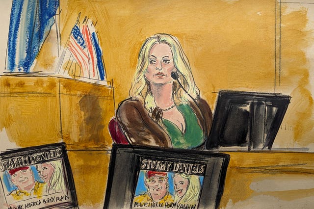 Stormy Daniels in the witness box in Manhattan Criminal Court last Thursday in New York 