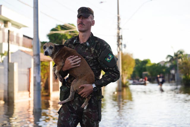 A soldier evacuates a dog from a flooded area after heavy rain in Canoas, Rio Grande do Sul state, Brazil 