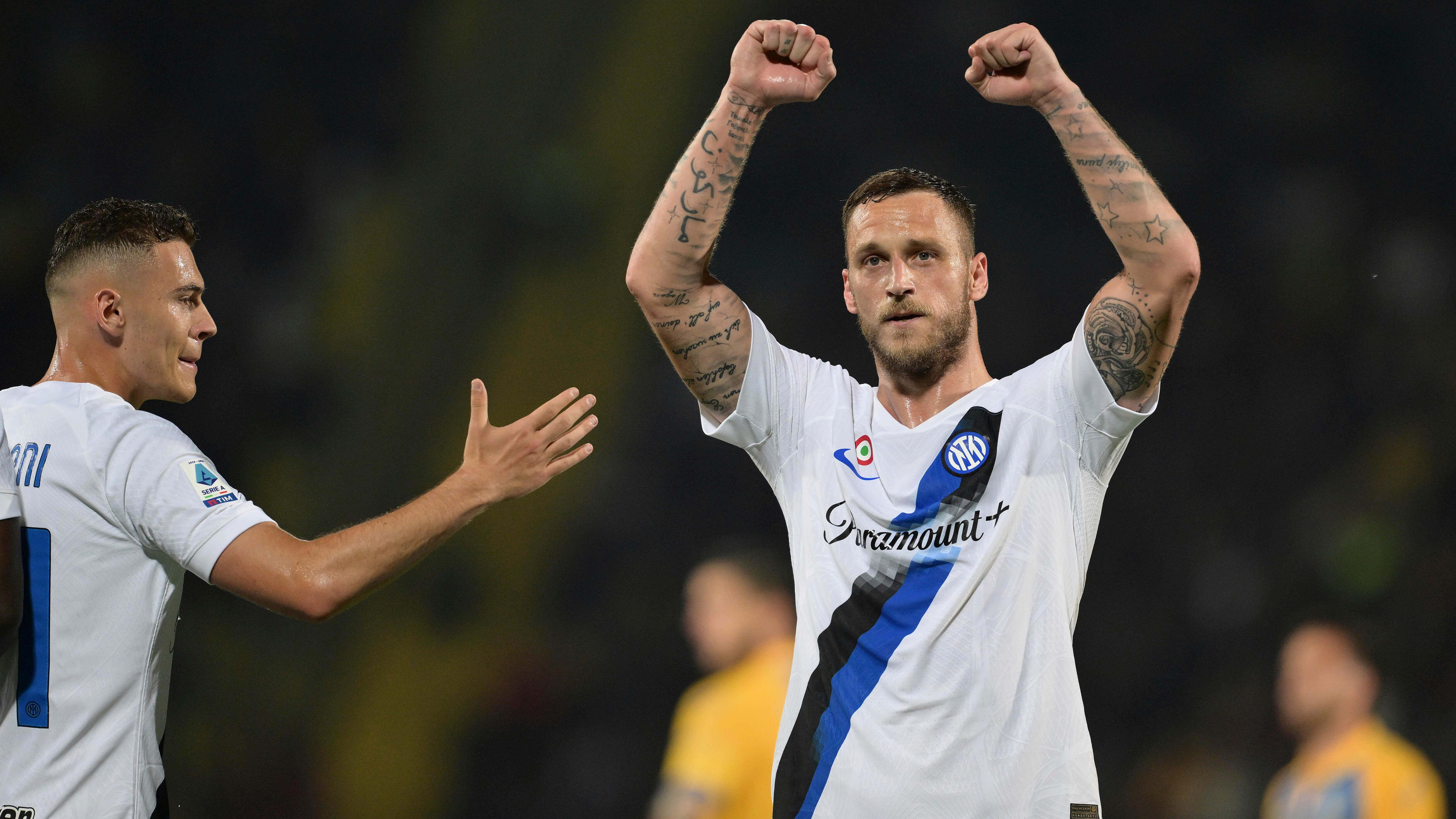 Inter Milan’s Marko Arnautovic celebrates scoring his side’s third goal against Frosinone (Alfredo Falcone/LaPresse via AP)
