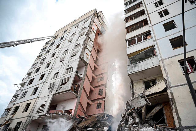 A partially collapsed block of flats after a missile attack by the Ukrainian armed forces in the Russian city of Belgorod, Russia