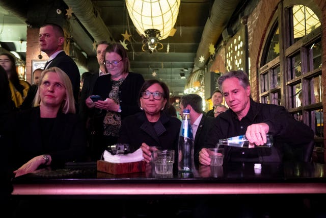 US secretary of state Antony Blinken visits the Barman Dictat bar in Kyiv 