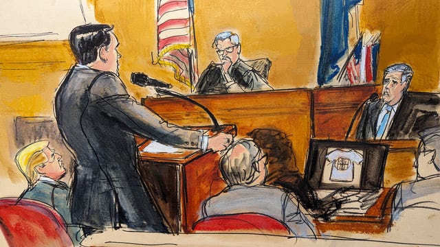 Defence lawyer Todd Blanche cross-examines Michael Cohen in Manhattan Criminal Court in New York.