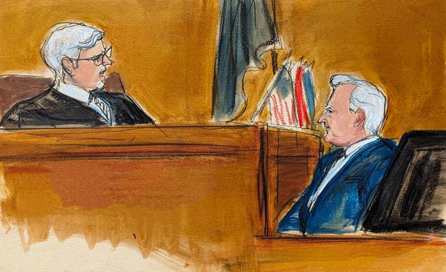 Judge Juan Merchan, left, castigates witness Robert Costello about his 'decorum' in the courtroom in Manhattan Criminal Court on Monday in New York 