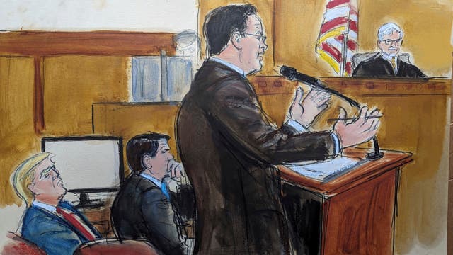 Assistant district attorney Joshua Steingless delivers the prosecution closing arguments in Donald Trump’s criminal trial in New York