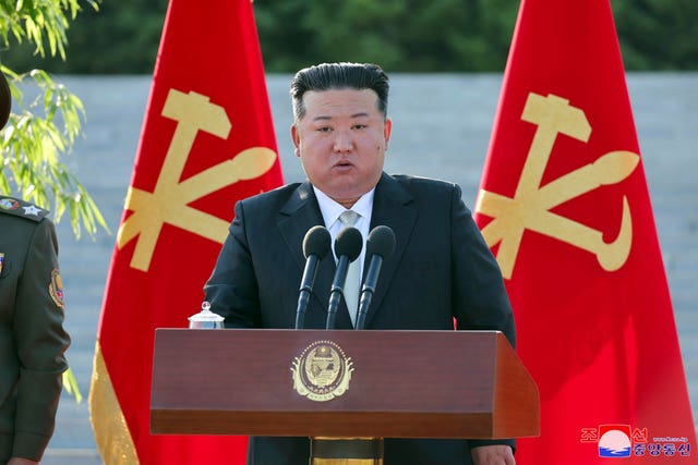 North Korean leader Kim Jong Un delivers a speech at the North’s Academy of Defence Sciences 