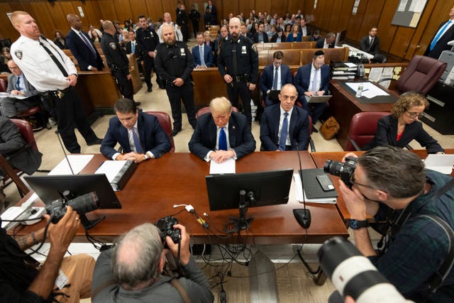 Former US president Donald Trump at Manhattan Criminal Court in New York