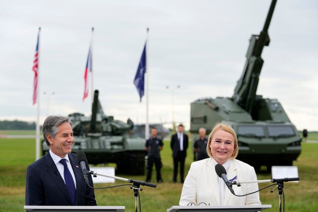 US secretary of state Antony Blinken and Czech defence minister Jana Cernochova attend a Czech Defence Capabilities Event at Prague-Kbely Airport, in Prague, Czech Republic