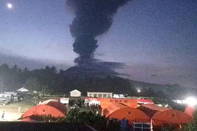 Mount Ibu spews volcanic materials during an eruption on Halmahera Island