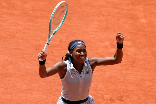 Coco Gauff celebrates her win over Ons Jabeur