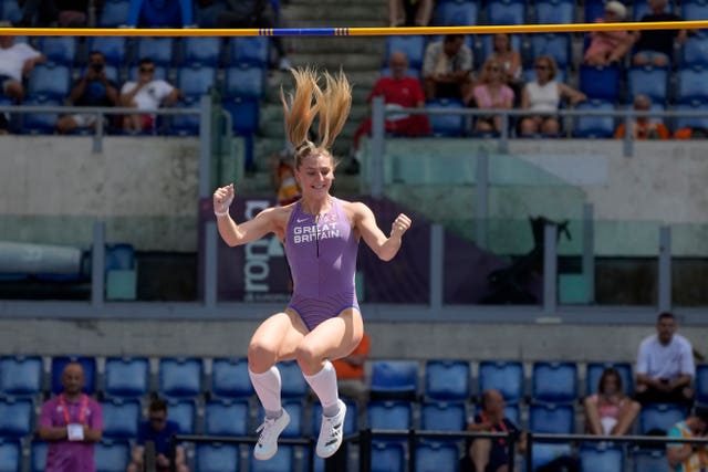 Great Britain's Molly Caudery makes a successful attempt in the women’s pole vault qualification at the European Athletics Championships in Rome