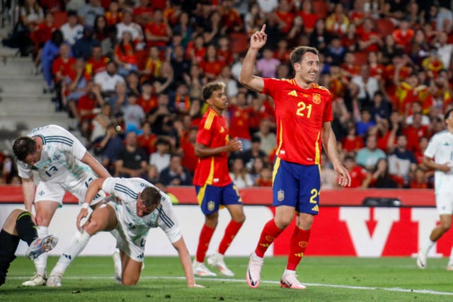 Spain’s Mikel Oyarzabal celebrates scoring his side’s fifth goal (Francisco Ubilla/AP)