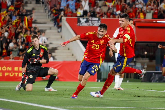 Pedri, centre, celebrates scoring Spain’s third goal against Northern Ireland
