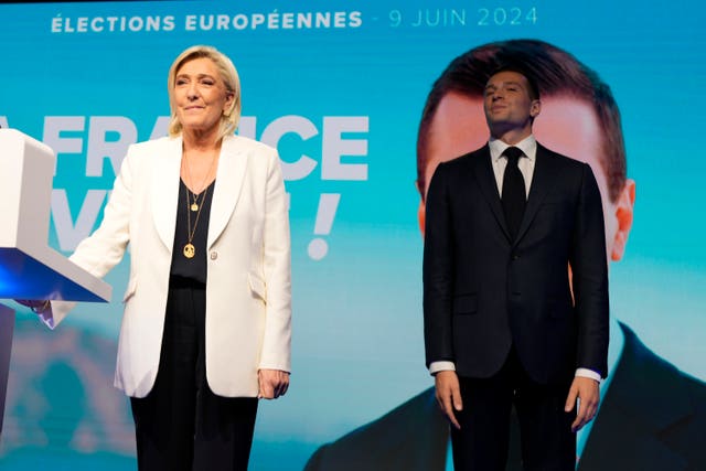 French far-right leader Marine Le Pen and Jordan Bardella, president of the French far-right National Rally, at the party election night headquarters in Paris 