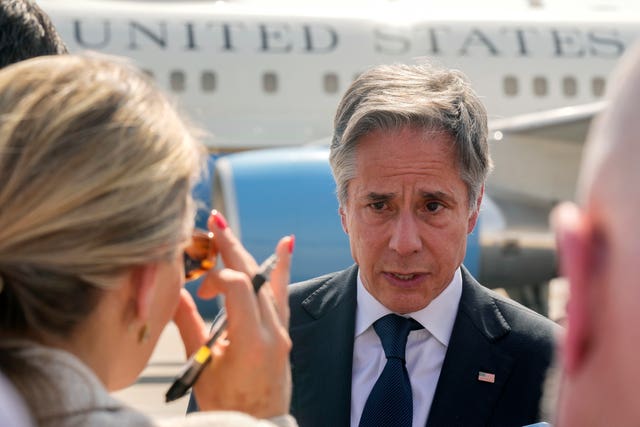 US secretary of state Antony Blinken speaking to reporters at an airport in Cairo