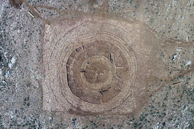 The ruins of a 4,000-year-old hilltop building newly discovered on the island of Crete are seen from above