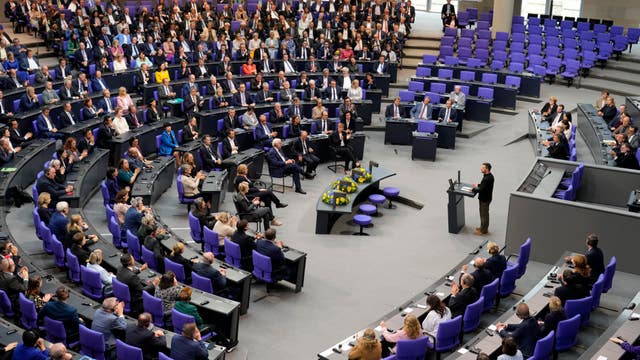Ukraine’s President Volodymyr Zelensky delivers a speech at the German parliament Bundestag at the Reichstag Building in Berlin