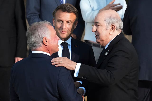 Jordan’s King Abdullah II, French President Emmanuel Macron and President of Algeria Abdelmadjid Tebboune at the G7 summit in Italy