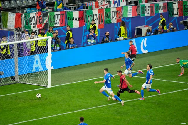 Albania’s Rey Manaj fails to score during a Group B match between Italy and Albania at the Euro 2024 