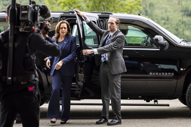 US vice president Kamala Harris gets out of a car at the Burgenstock resort