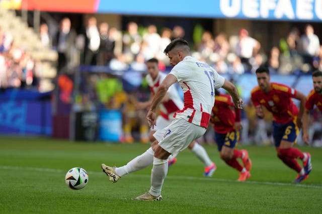 Bruno Petkovic takes aim from the penalty spot during Croatia's defeat to Spain at Euro 2024