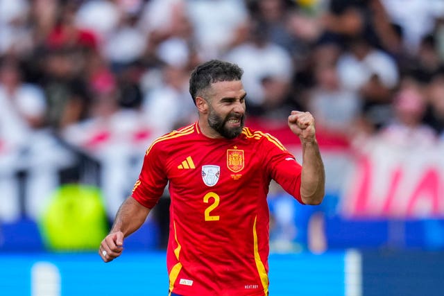 Spain’s Dani Carvajal celebrates after scoring at Euro 2024