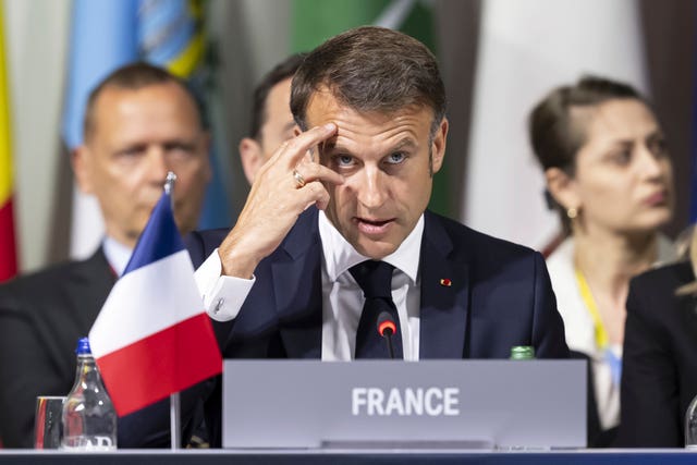 President Emmanuel Macron of France speaks during the opening plenary session, during the Summit on peace in Ukraine, in Obburgen, Switzerland