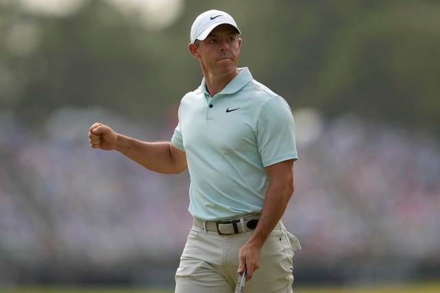 Rory McIlroy punches the air after holing a birdie during his final round at the US Open