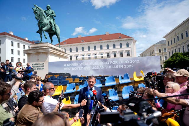 Andriy Shevchenko talks to journalists as he presents an installation ahead of the Group E match between Romania and Ukraine at the Euro 2024 soccer tournament in Munich