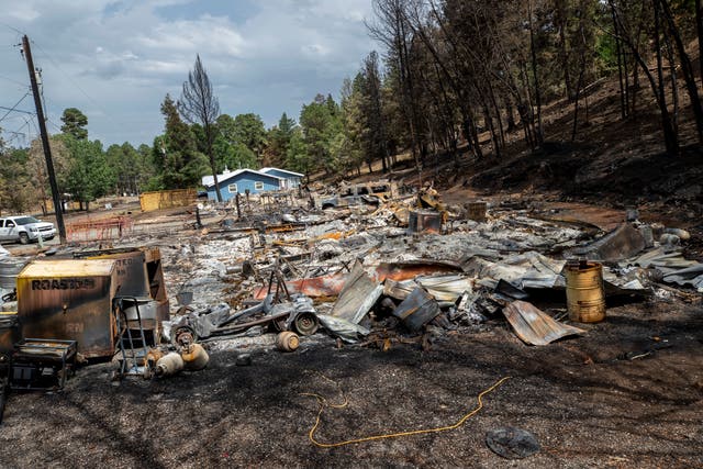 Debris from a house destroyed by a wildfire, with scorched trees nearby