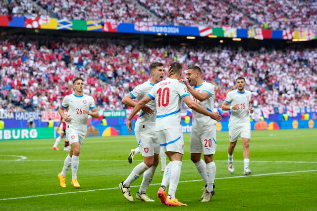 Czech Republic players celebrate scoring against Georgia