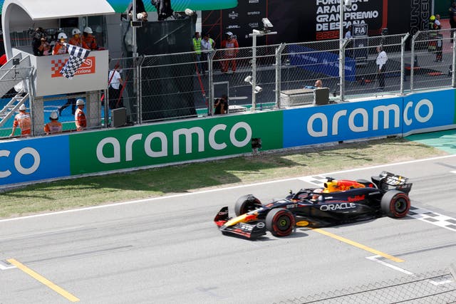 Max Verstappen crosses the finish line at the Spanish Grand Prix