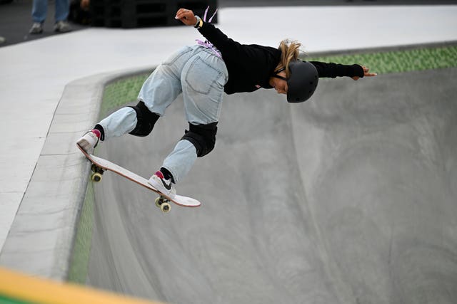 Sky Brown competes in the women’s skateboarding park finals at the Olympic Qualifier Series in Budapest