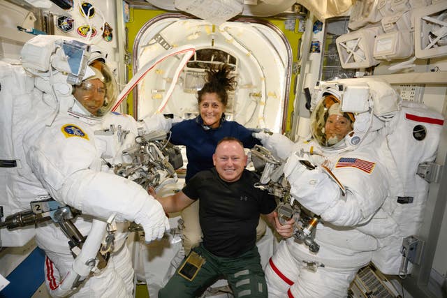 Astronauts Suni Williams and Butch Wilmore with flight engineers Mike Barratt, left, and Tracy Dyson aboard the International Space Station’s Quest airlock
