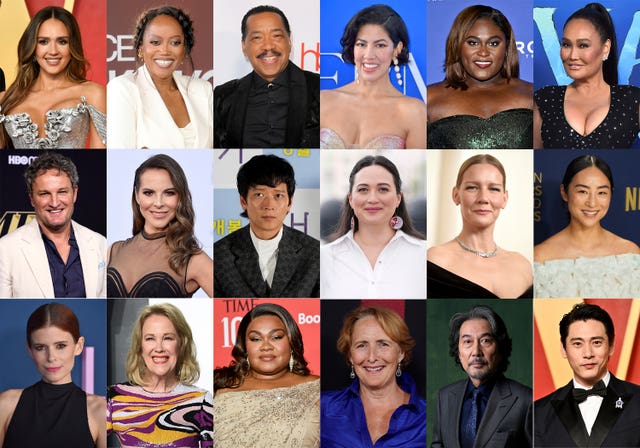 This combination of photos shows actors, top row from left, Jessica Alba, Ericka Alexander, Obba Babatunde, Stephanie Beatriz, Danielle Brooks and Tia Carrere, second row from left, Jason Clarke, Kate Del Castillo, Gang Dong-won, Lily Gladstone, Sandra Huller and Greta Lee, and bottom row from left, Kate Mara, Catherine O’Hara, Da’Vine Joy Randolph, Fiona Shaw, Koji Yakusho and Teo Yoo, who are among the artists invited to join the Academy of Motion Picture Arts and Sciences