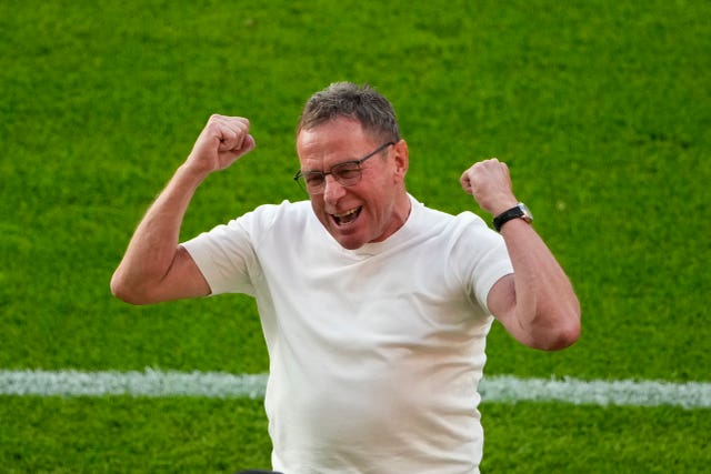 Austria’s head coach Ralf Rangnick celebrates after winning the Group D match against the Netherlands at Euro 2024