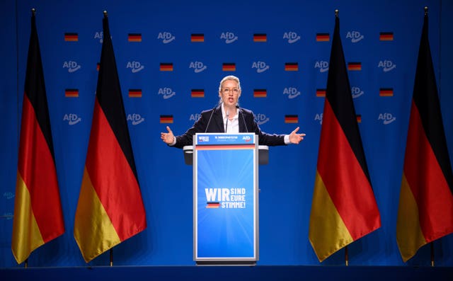 The AfD's Alice Weidel gestures as she speaks at the national party conference in Essen, with German flags in the background