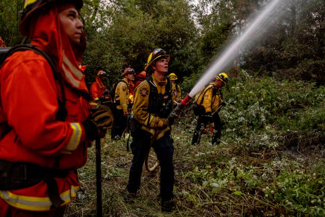 A group of firefighters with a hose pipe spray water out of shot